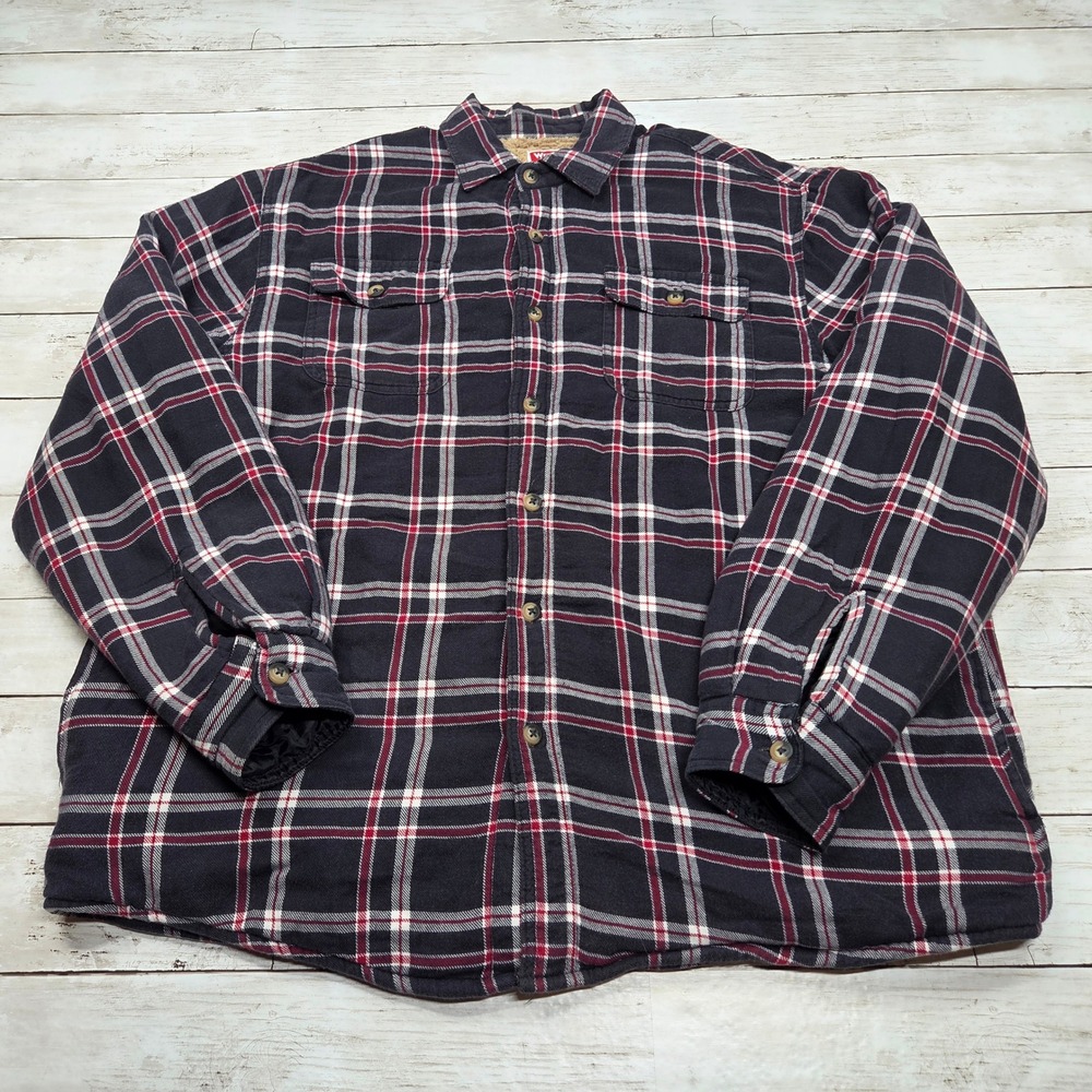 Wrangler Sherpa Lined Flannel Shirt Jacket Plaid Mens Large Navy Red Heavyweight